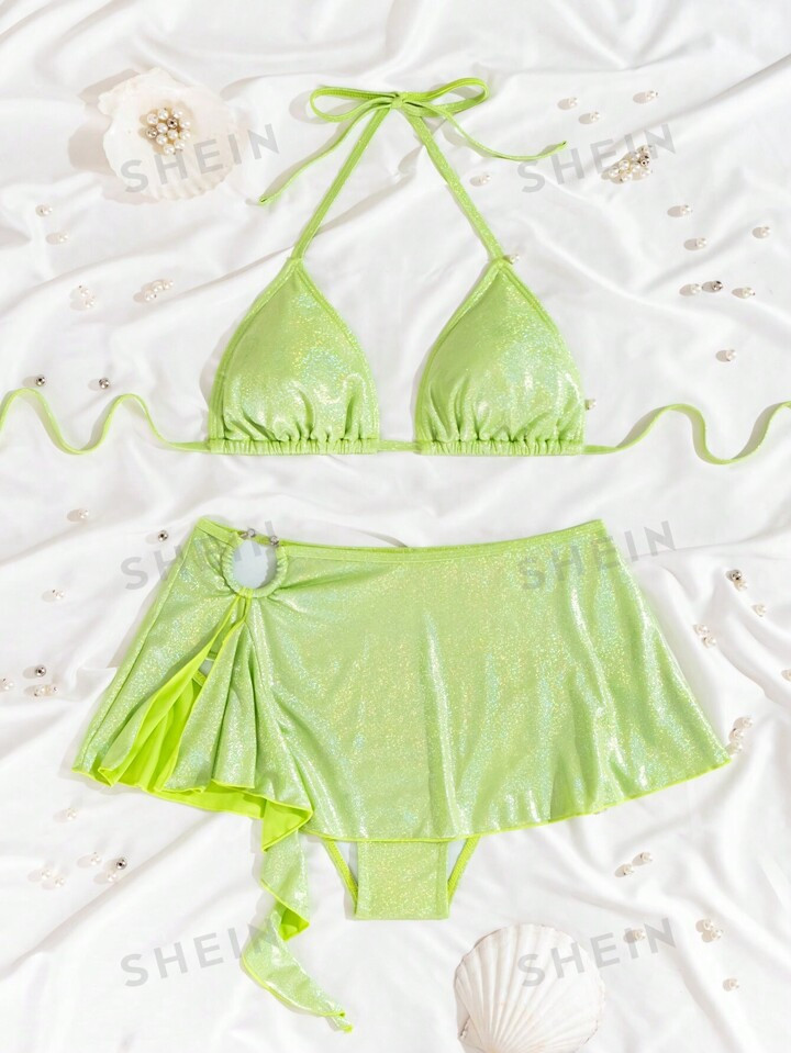 SHEIN Swim Event Women's Summer Beach Solid Color Sparkle Halter Bikini Set With Matching Cover U... | SHEIN