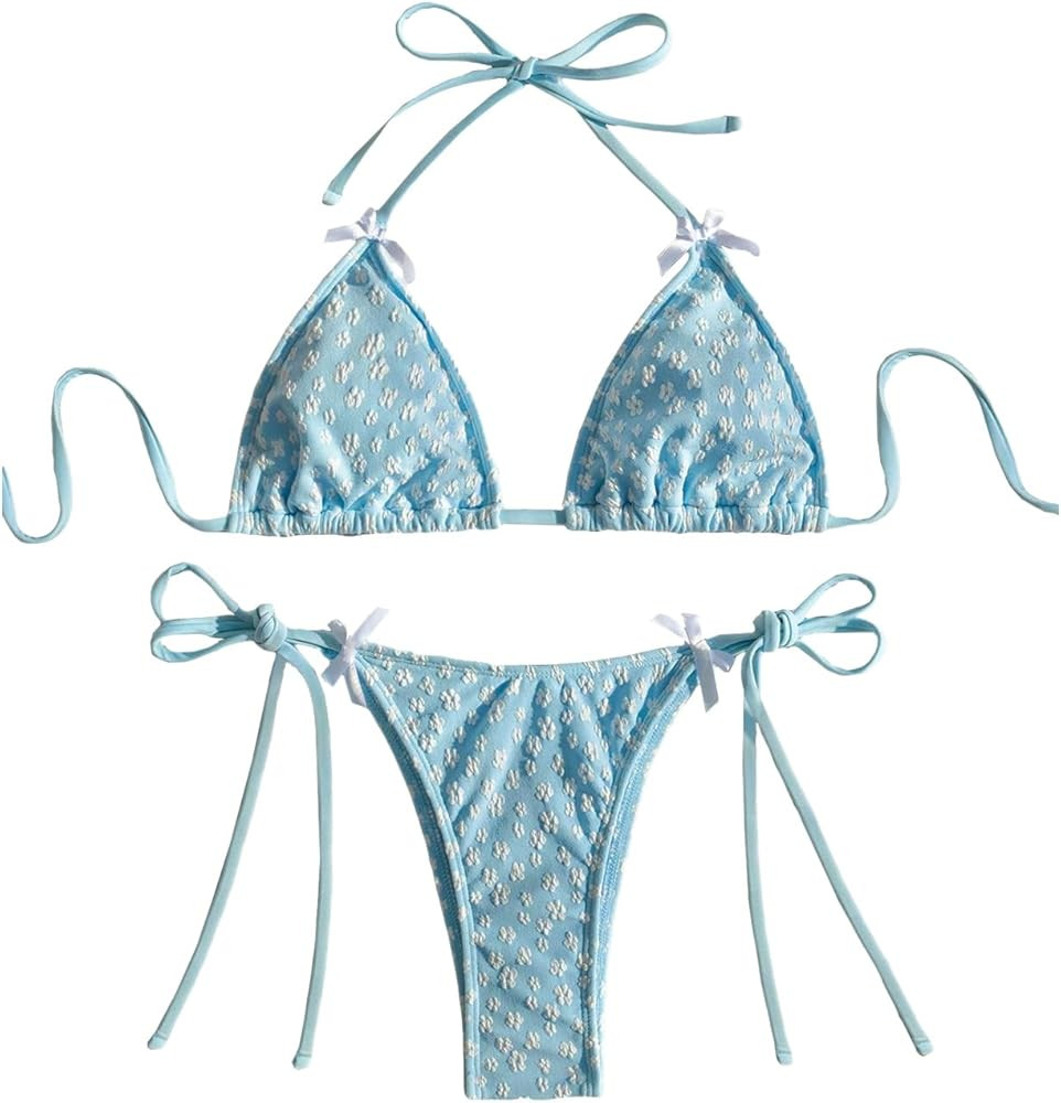 GORGLITTER Women's High Cut Thong Bikini Set Textured Halter Triangle String Tie Side Swimsuit Ba... | Amazon (US)