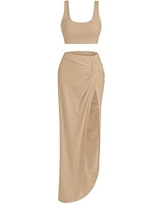ZAFUL Women’s 2 Pieces Skirt with Crop Tank, High-Slit Twist Skirt Set Bodycon Dress for Party ... | Amazon (US)