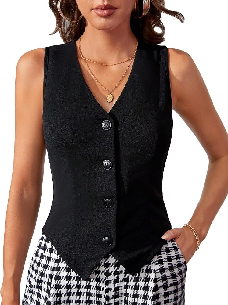 Verdusa Women's Button Front Lapel Collar Sleeveless Crop Vest Waistcoat Jacket | Amazon (US)