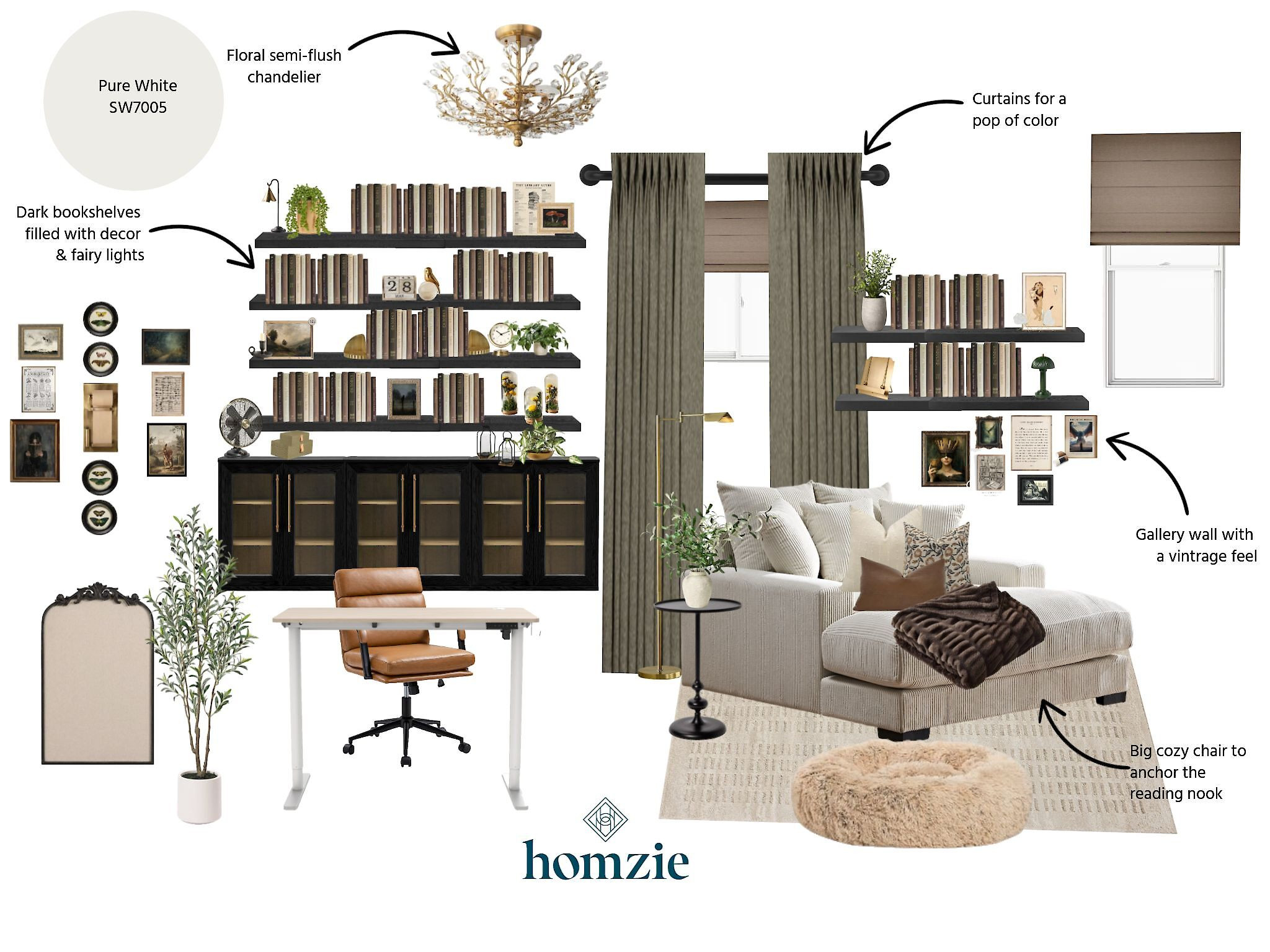 This is a home office with a modern vintage style and layered charm. It features: Striped Chaise, Leather Desk Chair, Black Bookshelves, Brown Roman Shades, Crystal Chandelier, Dog Bed. 

 #LTKHome #LTKSaleAlert #LTKStyleTip