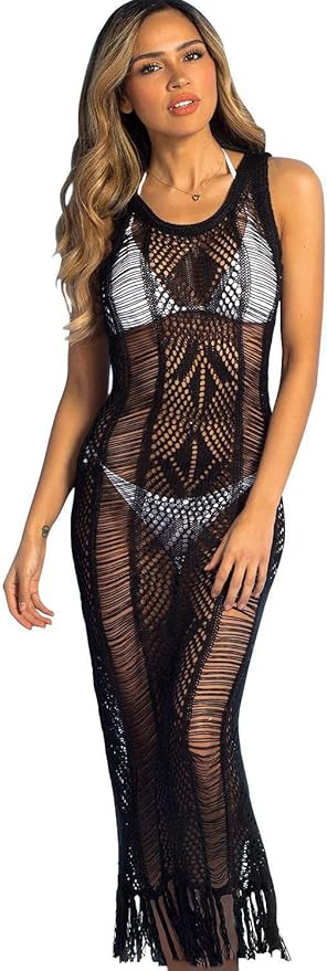 NFASHIONSO Womens Crochet Tassel Beach Wear Cover up Swimwear Bikini Long Maxi Beach Dress | Amazon (US)