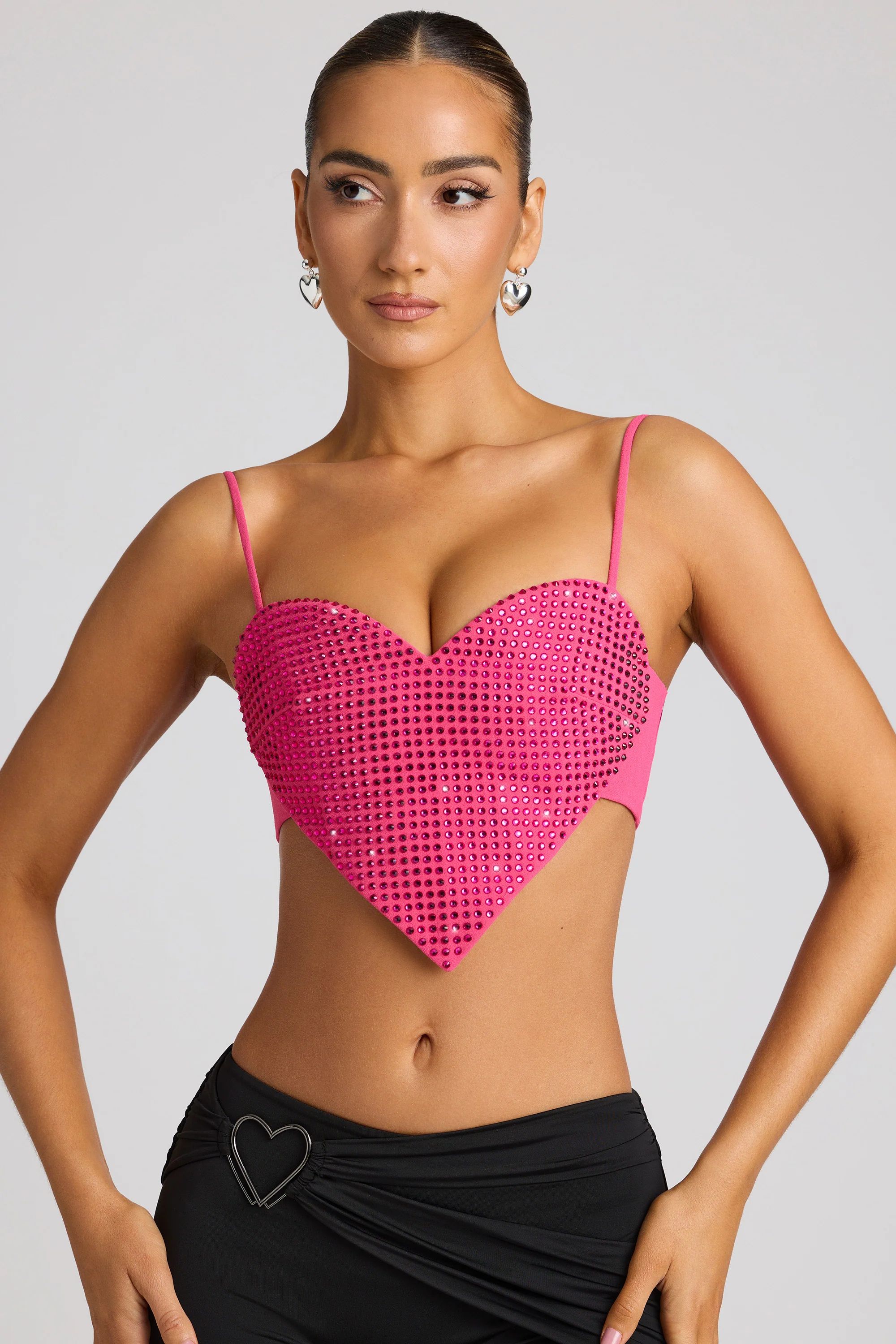 Embellished Heart Detail Crop Top in Magenta | Oh Polly