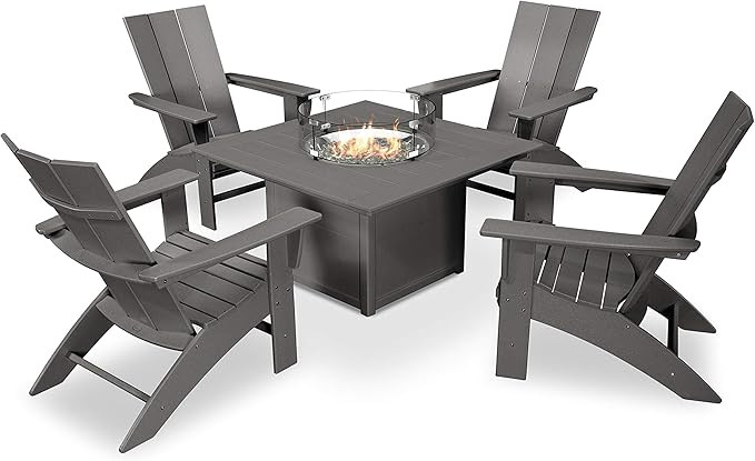 POLYWOOD Modern Curveback Adirondack Chair 5-Piece Conversation Set with Fire Pit Table | Amazon (US)