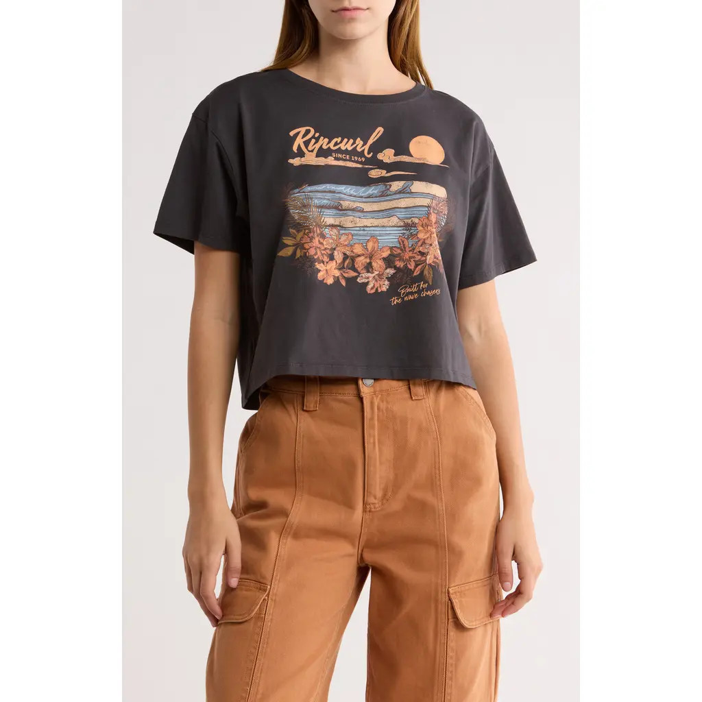 Rip Curl Wave Gliders Logo Crop T-Shirt in Washed Black at Nordstrom Rack, Size Large | Nordstrom Rack