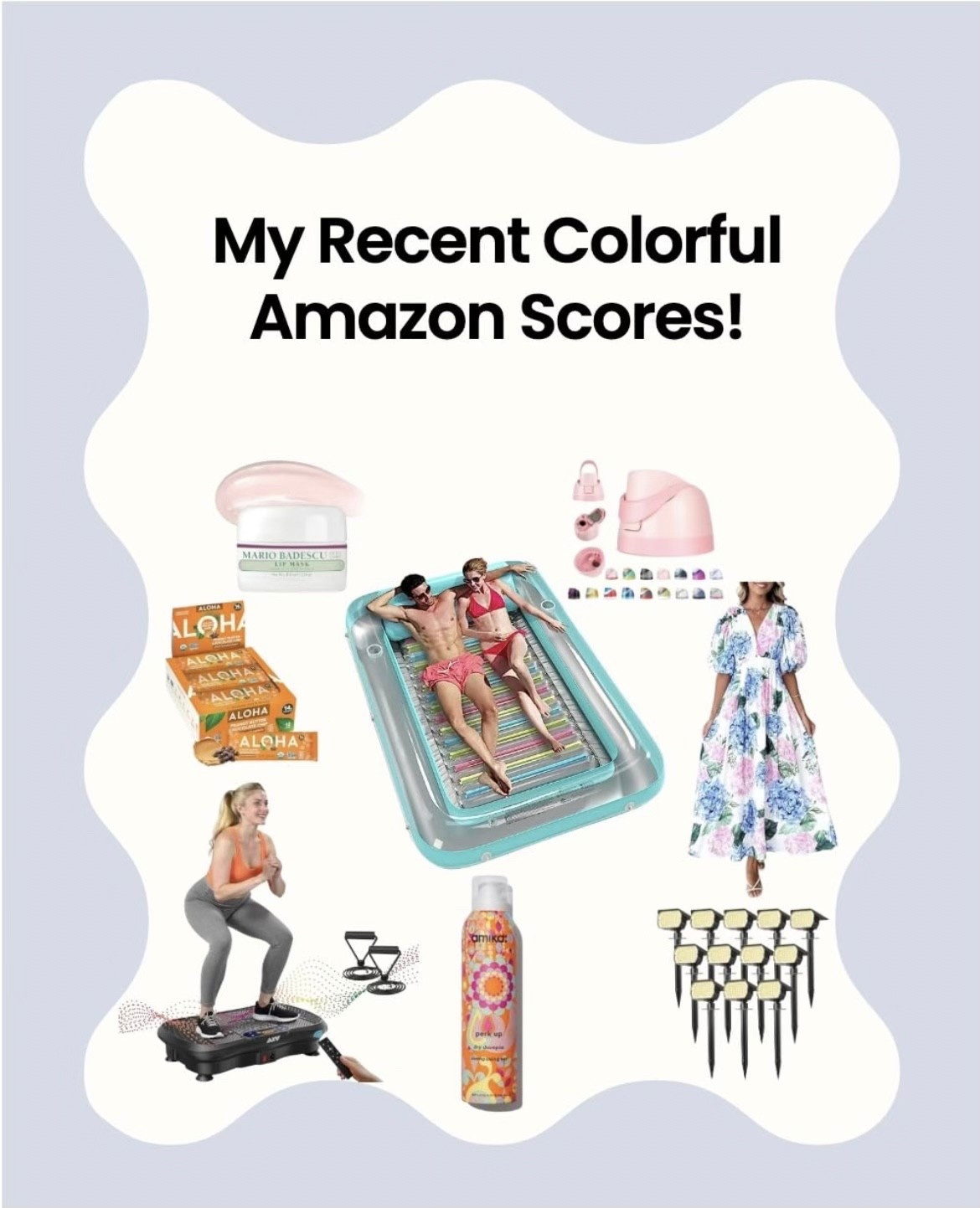 Sharing my recent, colorful, Amazon scores includes our tween daughter's Inflatable Tanning Pool Lounger Float; this Vibration Plate Fitness Platform Exercise Machine; a wedding perfect summer floral maxi dress; these waterproof solar landscaping outdoor lights; Amika Perk Up Dry Shampoo; a Replacement Lid for Owala Freesip water bottle; and my favorite ALOHA Organic Plant-Based Peanut Butter Protein Bars!

#LTKSaleAlert #LTKSeasonal #LTKActive