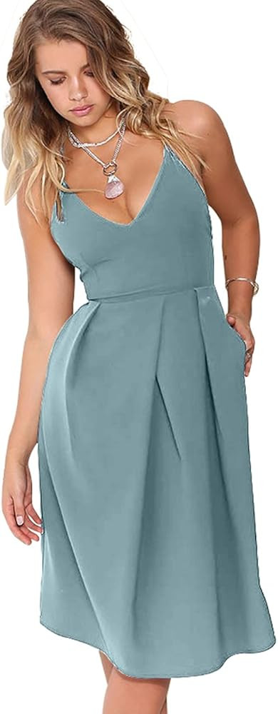 Eliacher Women's Deep V Neck Adjustable Spaghetti Straps Summer Dress Sleeveless Sexy Backless Party | Amazon (US)