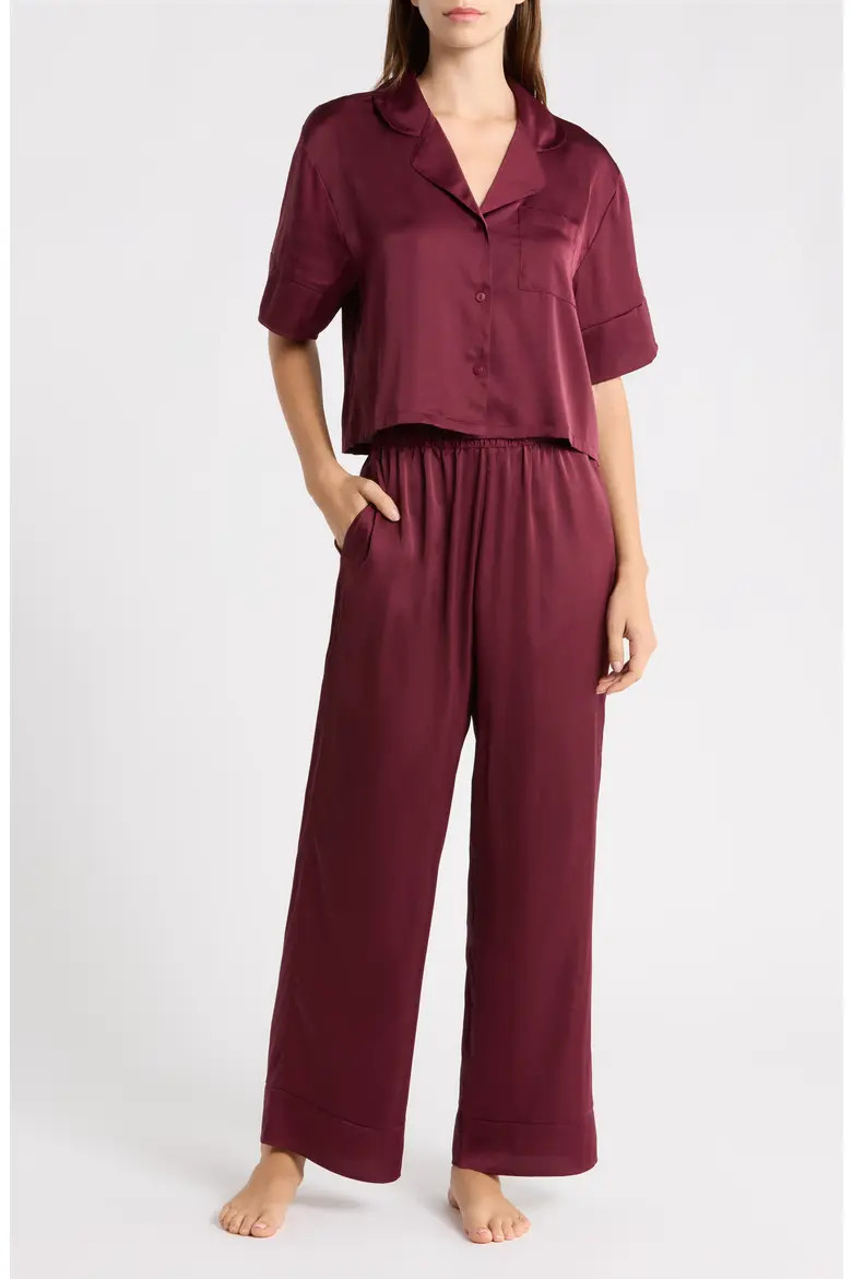Open Edit Boxy Everyday Satin Pajamas in Ivory Dove- Teal Silo Floral at Nordstrom, Size Small | Nordstrom
