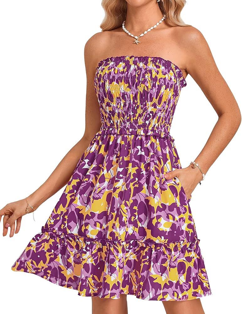 GRACE KARIN Women's Summer Strapless Smocked Tube Dress 2025 Sleeveless Off Shoulder Beach Boho M... | Amazon (US)