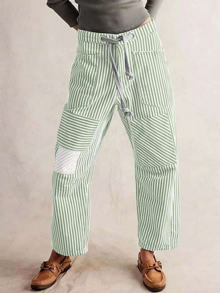 Women's Casual Drawstring Stripe Spliced Wide Leg Pants | SHEIN