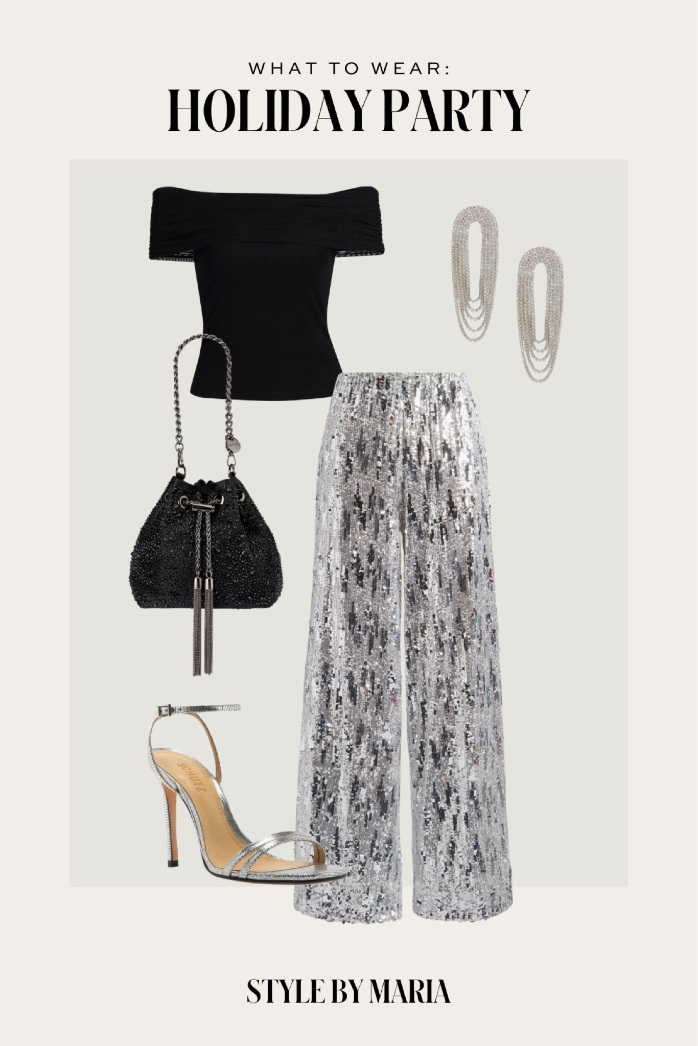 Holiday party outfit ideas 
Topshop wide leg sequin pants
Reformation off the shoulder top
Ruched handbag 
Schutz silver heels 

#LTKFindsUnder100 #LTKHoliday #LTKStyleTip