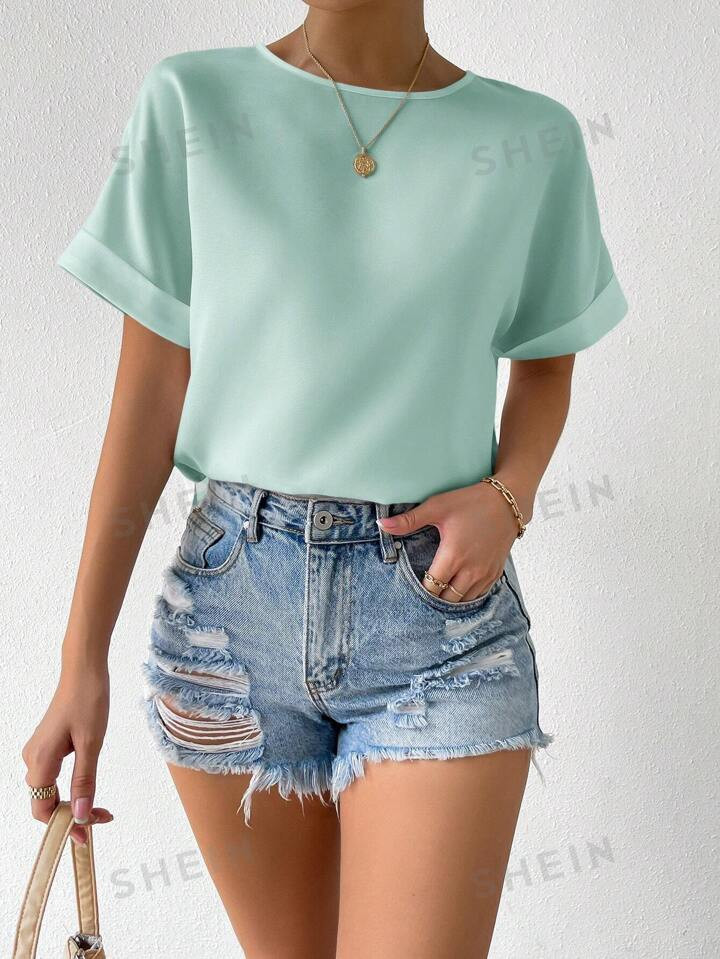 SHEIN Essnce Summer Casual Solid Short Sleeve Shirt | SHEIN USA | SHEIN