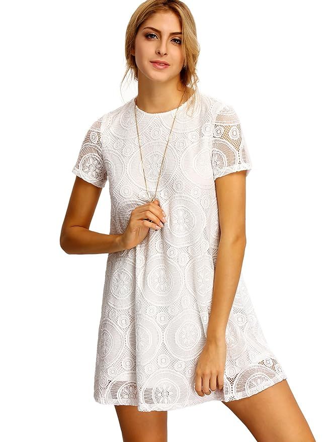 Romwe Women's Plain Short Sleeve Floral Summer Floral Lace Prom Party Shift Dress | Amazon (US)