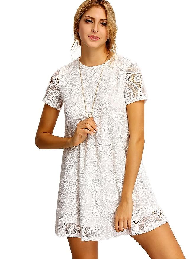 Romwe Women's Plain Short Sleeve Floral Summer Floral Lace Prom Party Shift Dress | Amazon (US)