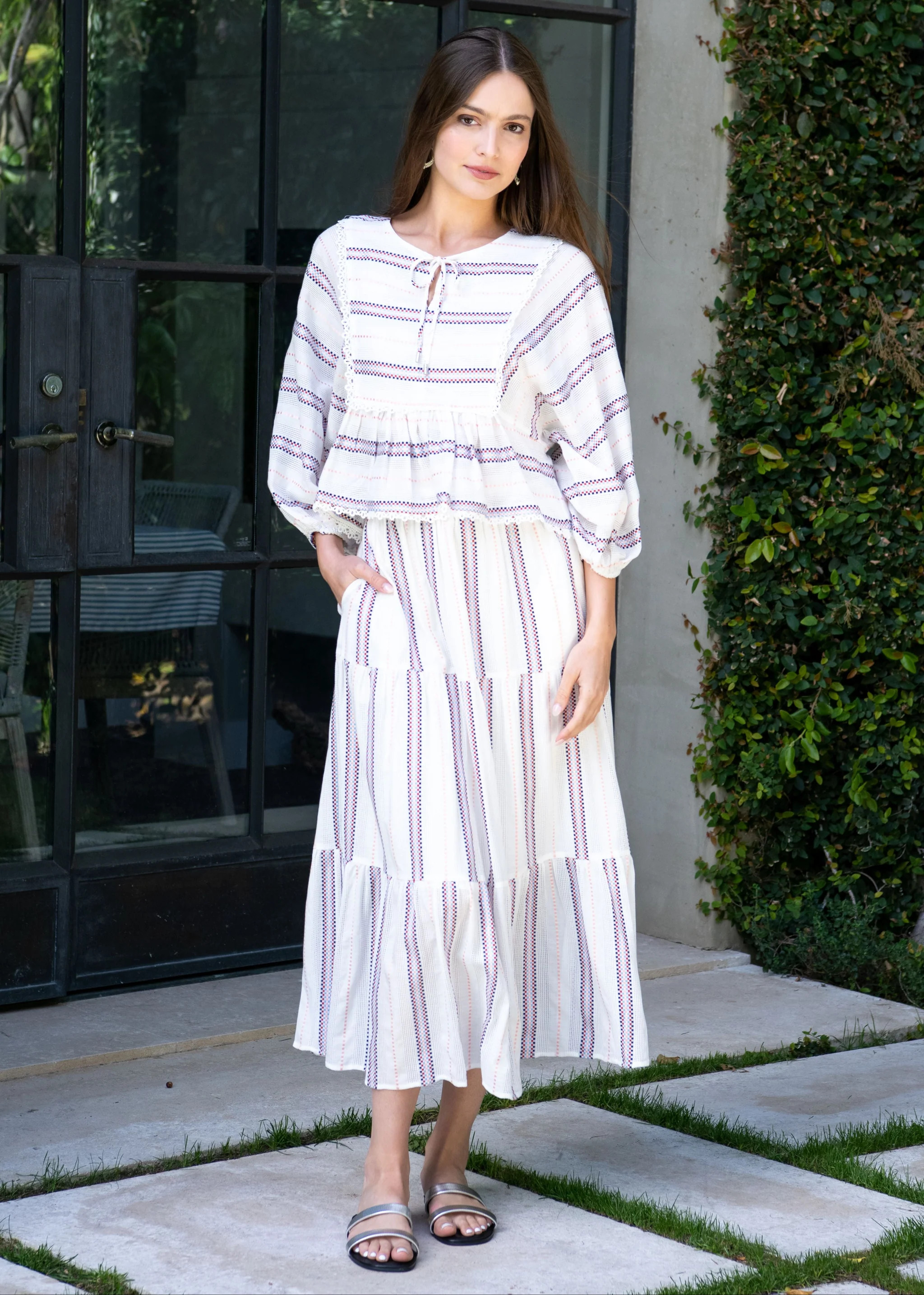 Sia Striped Long Sleeve Cropped Peplum Peasant Top | Benaar La