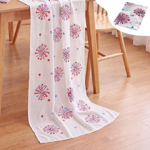 CrystalSylara 1 Pcs 4th of July Table Runner, Independence Day Patriotic Runner Kitchen Dining Embroidered Decor Extra-Long USA Fireworks Pattern Table Cover for Home Memorial Day Party 30 x 120 Inch | Amazon (US)