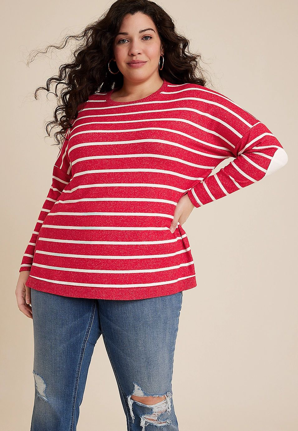 Plus Size Striped Heart Elbow Patch Mixer Tee | Maurices