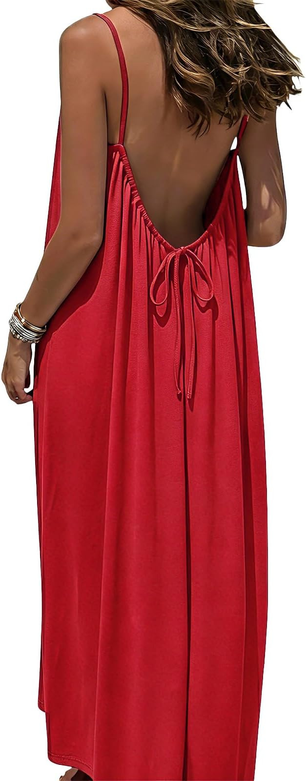 Women's Backless Cami Maxi Dress Spaghetti Strap Beach Dress Loose Vacation Sundress | Amazon (US)