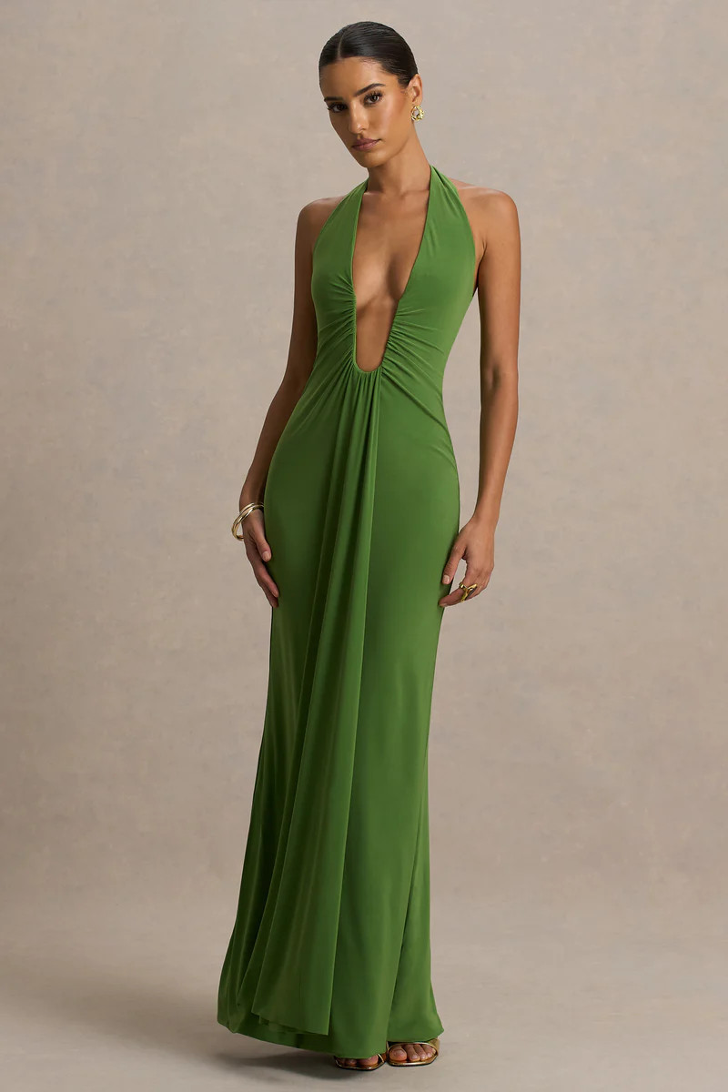 Hera  Green Extreme Plunge Maxi Dress With Ruched Detail | Club L London