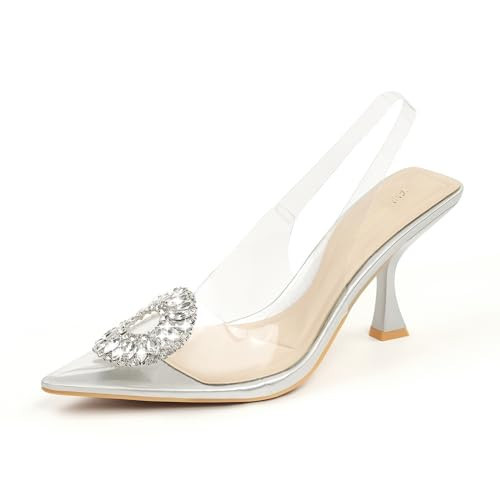 JENN ARDOR Clear Heels for Women Slingback Pointed Closed Toe Heels with Rhinestones 3 inch Comfortable Stiletto Sandals Pumps Wedding Party Dress Shoes 9.5 Sliver | Amazon (US)