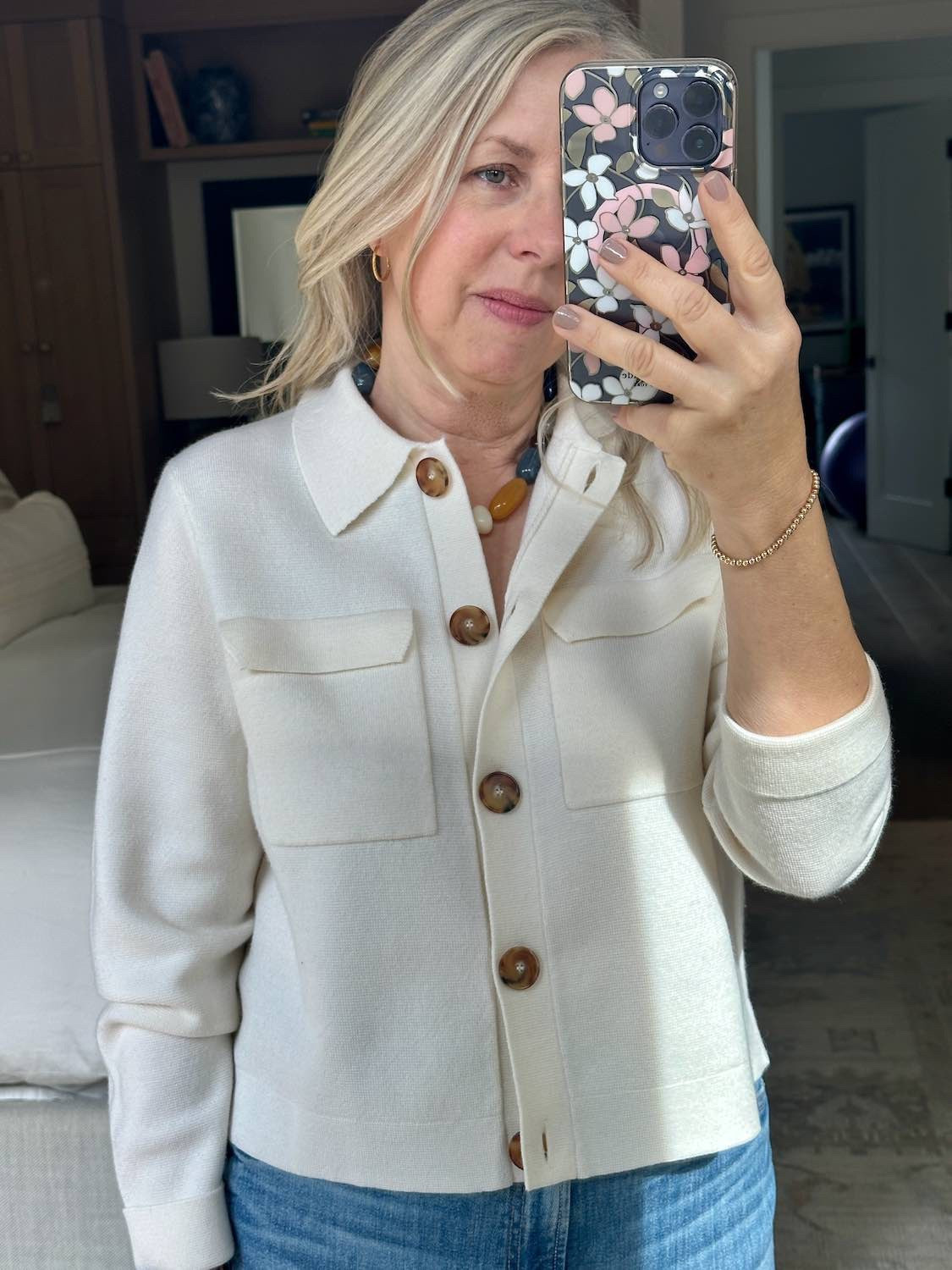 Another look at the @sezane cardigan ! This cardigan is so beautifully made, and lays perfectly . This is a medium. Love it worn alone like this or layered. This is one of their cute beaded necklaces I have been wearing so much too. 

#LTKStyleTip #LTKSeasonal