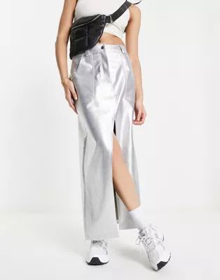 Miss Selfridge faux leather metallic maxi skirt in silver | ASOS (Global)