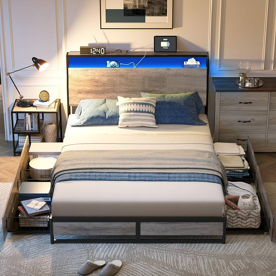 LINSY Queen Bed Frame with Drawers, LED Bed Frame with Headboard and Storage, Metal Queen Size Pl... | Amazon (US)