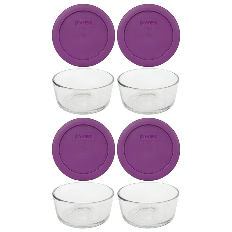 Pyrex (4) 7200 2-Cup Glass Food Storage Bowls & (4) 7200-PC Thistle Purple Plastic Lids | Walmart (US)