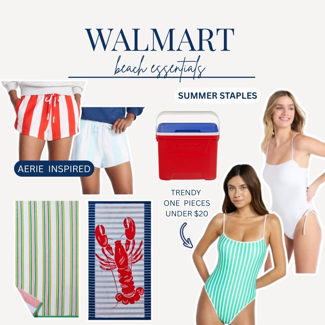 Walmart absolutely delivered with these beach essentials and I cannot stop thinking about how good every single piece is 🏖️🤍✨ The Aerie inspired stripe shorts are giving all the elevated beach resort energy at a fraction of the price, the mint stripe and white one piece swimsuits under $20 are genuinely so flattering and trendy, the lobster beach towel is the cutest thing I have ever seen, and the red and blue cooler is giving classic summer nostalgia in the best possible way. This is the Walmart summer haul that makes your beach bag look like it cost a fortune.

#LTKSeasonal #LTKTravel #LTKSwim