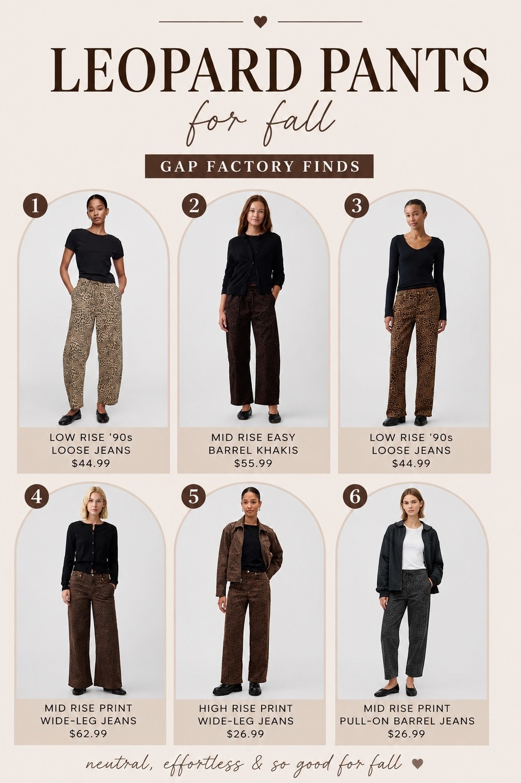 Leopard print is THE neutral for fall 🐆🤎🍂
Found the cutest leopard pants at Gap Factory — barrel, wide-leg, low-rise & high-rise styles, so there’s literally a pair for everyone. AND the current sale is so good 👀

✨ 50–70% OFF sitewide + EXTRA 15% OFF
✨ Select summer-to-fall essentials 60% OFF
✨ Some of these leopard styles are already marked way down!

Perfect with a basic tee, sweater, cardigan or oversized jacket for fall. 🤎

SHOP ALL 6 STYLES BELOW ↓
Prices + promos can change, so check the linked items for the current price.⁠￼

#LTKStyleTip #LTKFinds #GapFactory #GapFactoryFinds #FallFashion #FallOutfits #LeopardPrint #LeopardPants #PetiteStyle #MidsizeStyle #AffordableFashion

#LTKPetite #LTKMidsize
