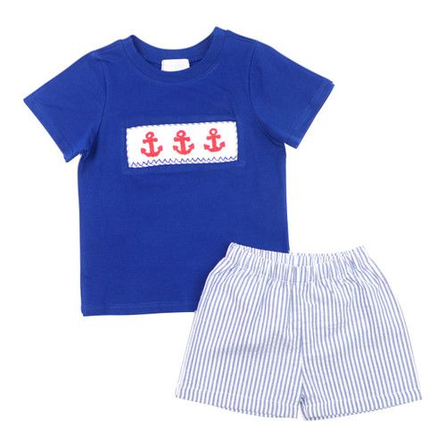 Navy Seersucker Smocked Anchor Short Set | Cecil and Lou