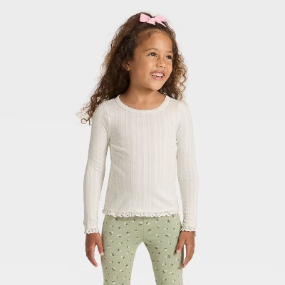 Toddler Girls' Long Sleeve Pointelle T-Shirt - Cat & Jack™ Cream 2T | Target