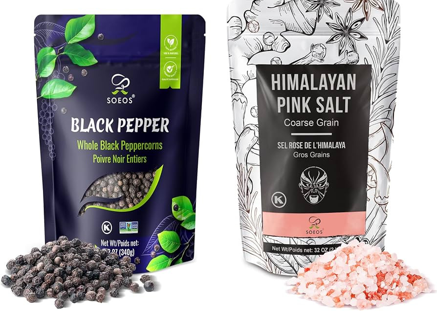 Soeos Whole Black Peppercorns 12oz + Himalayan Pink Salt 2lb, Salt and Pepper for Grinders, Black... | Amazon (US)