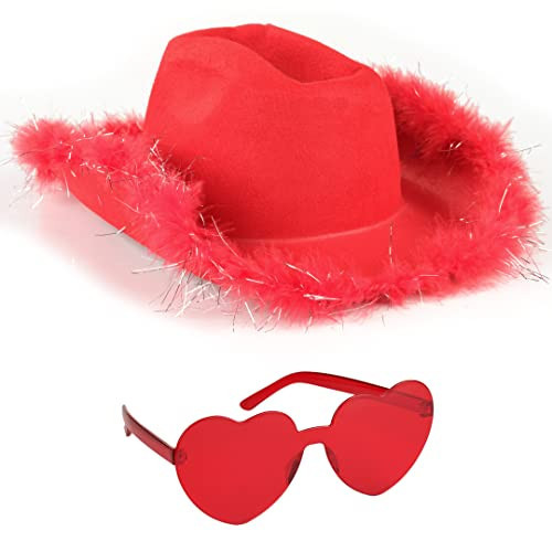 Funcredible Santa Cowboy Hat and Glasses - Christmas Cowgirl Hat - Feather Red Hats - Xmas Cowgirl Outfits for Women | Amazon (US)
