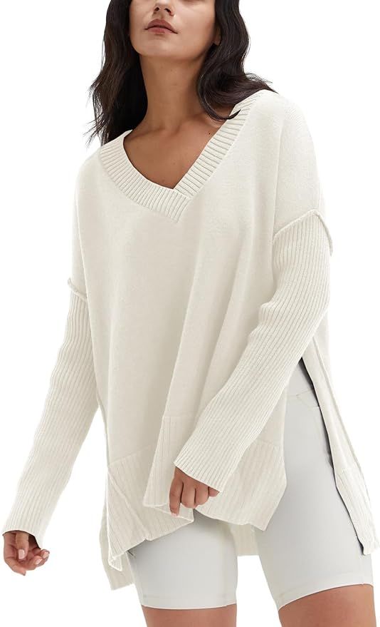 DEEP SELF Women's V Neck Oversized Sweaters Long Batwing Sleeve Split Hem Pullover Asymmetric Loo... | Amazon (US)