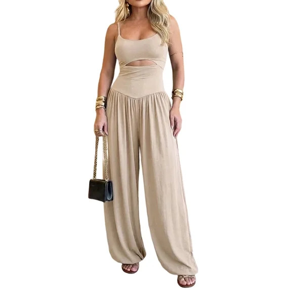 ChicMe Jumpsuits For Women Spaghetti Strap Sleeveless Cut-Out Waist Backless Tie-Back Ruched Wome... | Walmart (US)