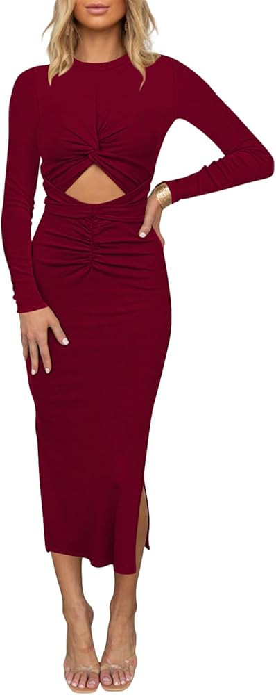 HUUSA Women's Long Sleeve Cutout Bodycon Dress Sexy Crewneck Twist Knot Ruched Slit Slim Fitted R... | Amazon (US)