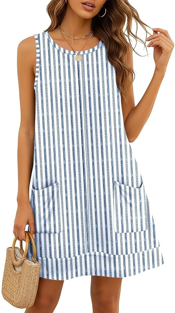 Disamer Womens Sleeveless Sundresses 2026 Vacation Beach Dress Casual Striped Printed Summer Dres... | Amazon (US)