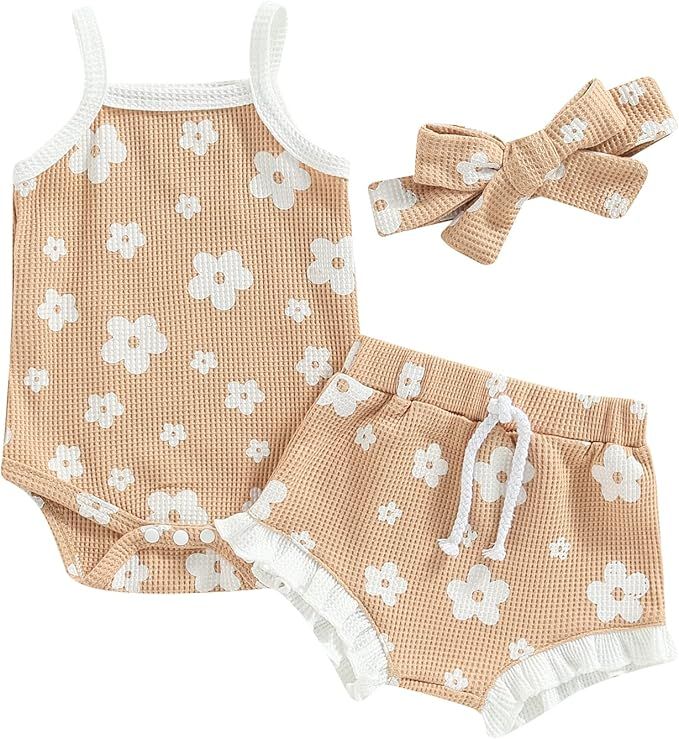 Newborn Baby Girl Clothes Floral Print Sleeveless Knit Romper Ruffle Bloomer Shorts Headband Set ... | Amazon (US)