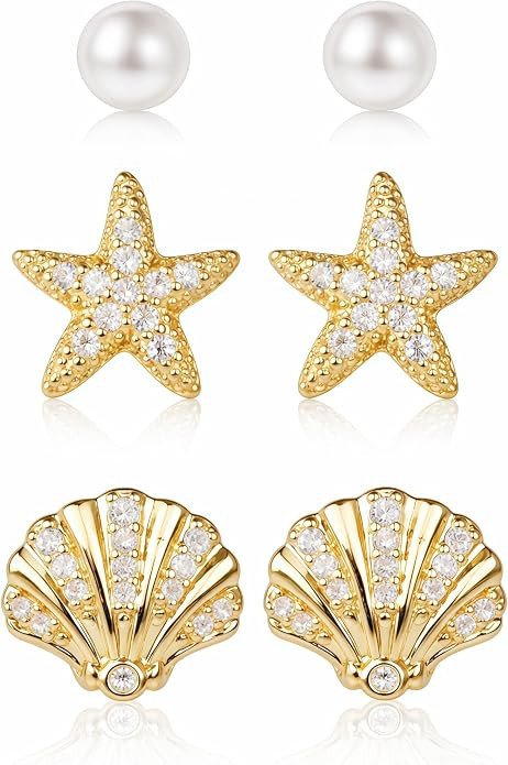 Beach Earrings for Women, Seashell & Starfish Pearl Studs for Summer, Gold Beach Jewelry, Dainty ... | Amazon (US)