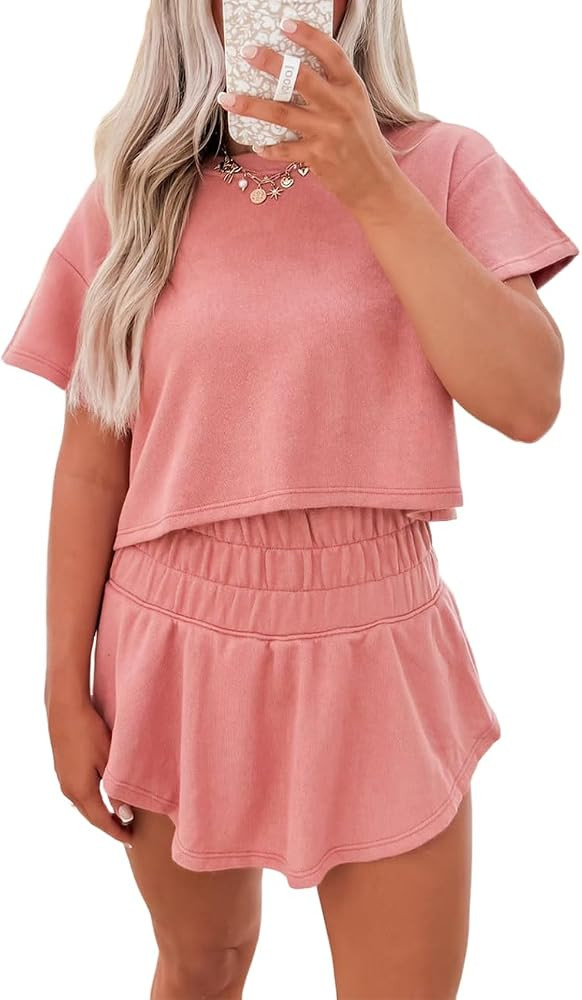 Women's Summer 2 Piece Sets Sweatsuits Casual Cropped Tee and Skort Set Matching Sets Trendy Loun... | Amazon (US)