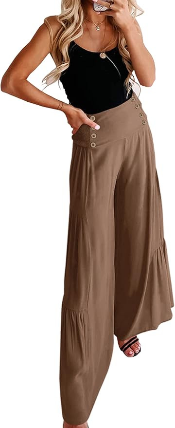 ECOWISH Womens Cotton Soft Palazzo Wide Leg Pant with Pockets High Waist Casual Loose Flowy Pants... | Amazon (US)