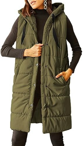 Grlasen Women's Long Quilted Puffer Vest Sleeveless Hooded Button Down Padded Coats Jacket Outerw... | Amazon (US)