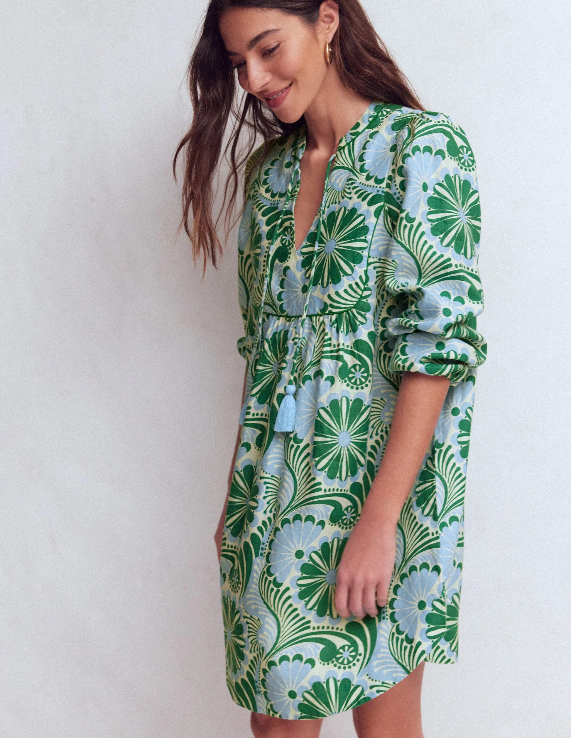 Pia Linen Yoke Tassel Dress-Blue Euphoric Garden | Boden (US)