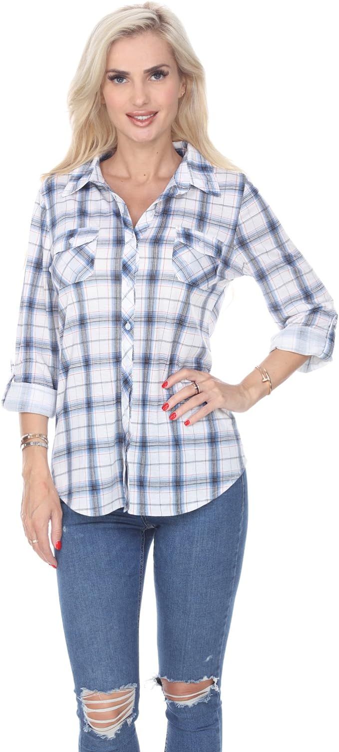 white mark Women's ''Oakley'' Roll-up Long Sleeve Plaid Flannel Shirt | Amazon (US)