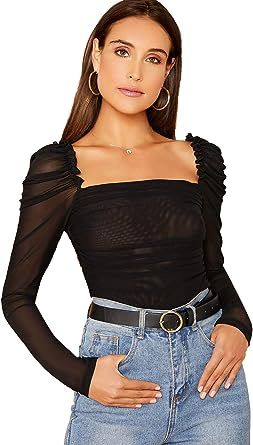 Floerns Women's Mesh Sheer Ruched Tops Square Neck Puff Long Sleeve T Shirt | Amazon (US)