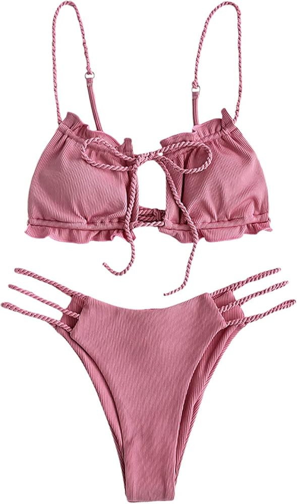 ZAFUL Women Cutout 2 Pieces Swimsuit, Sexy High Cut Keyhole Bikini Tie Side String Ribbed Bathing Su | Amazon (US)