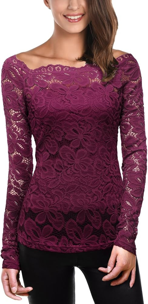 DJT Womens Boat Neck Floral Lace Raglan Long Sleeve Shirt Top | Amazon (US)
