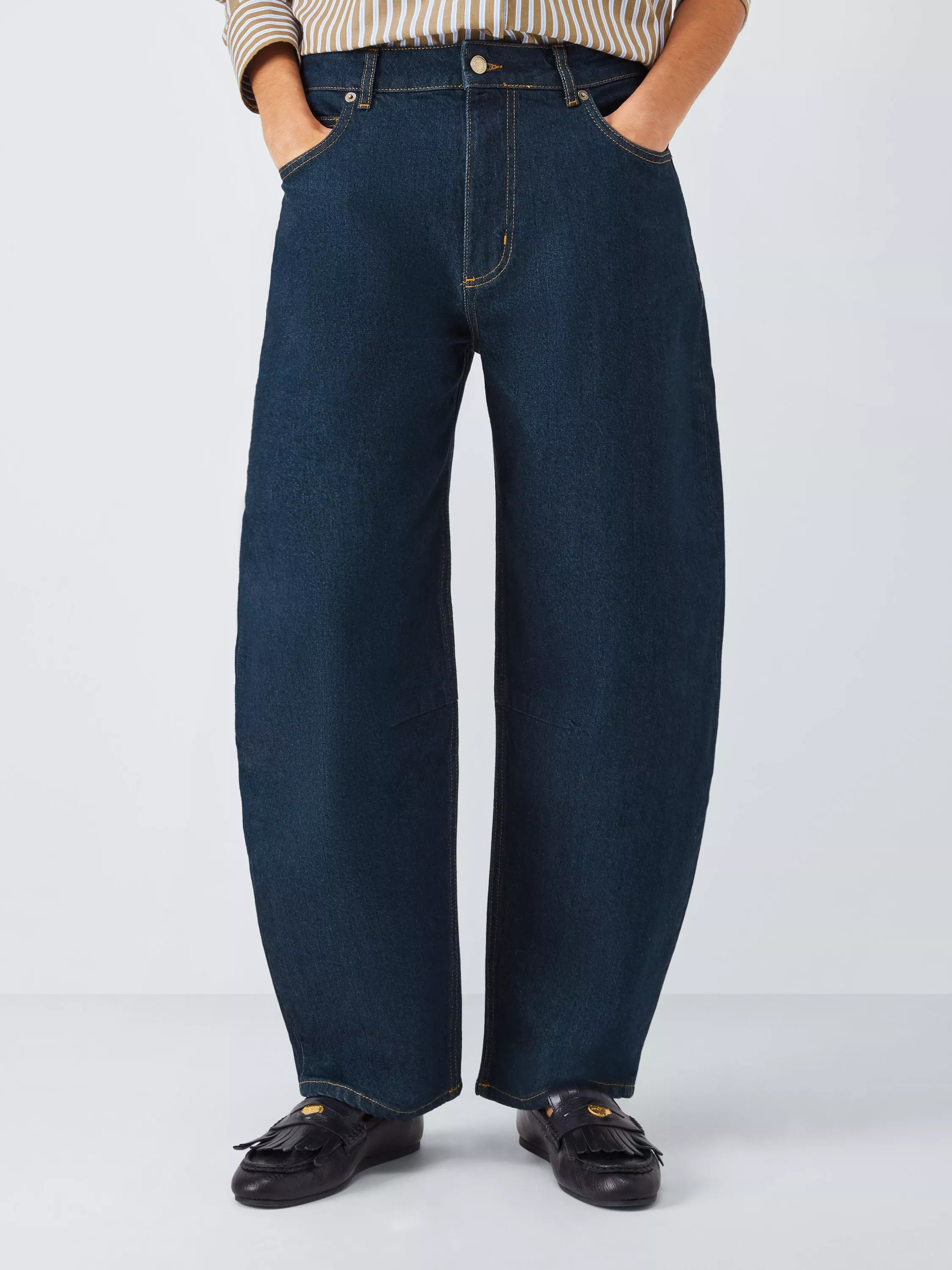John Lewis Barrel Leg Mid Rise Jeans, Deep Blue | John Lewis (UK)