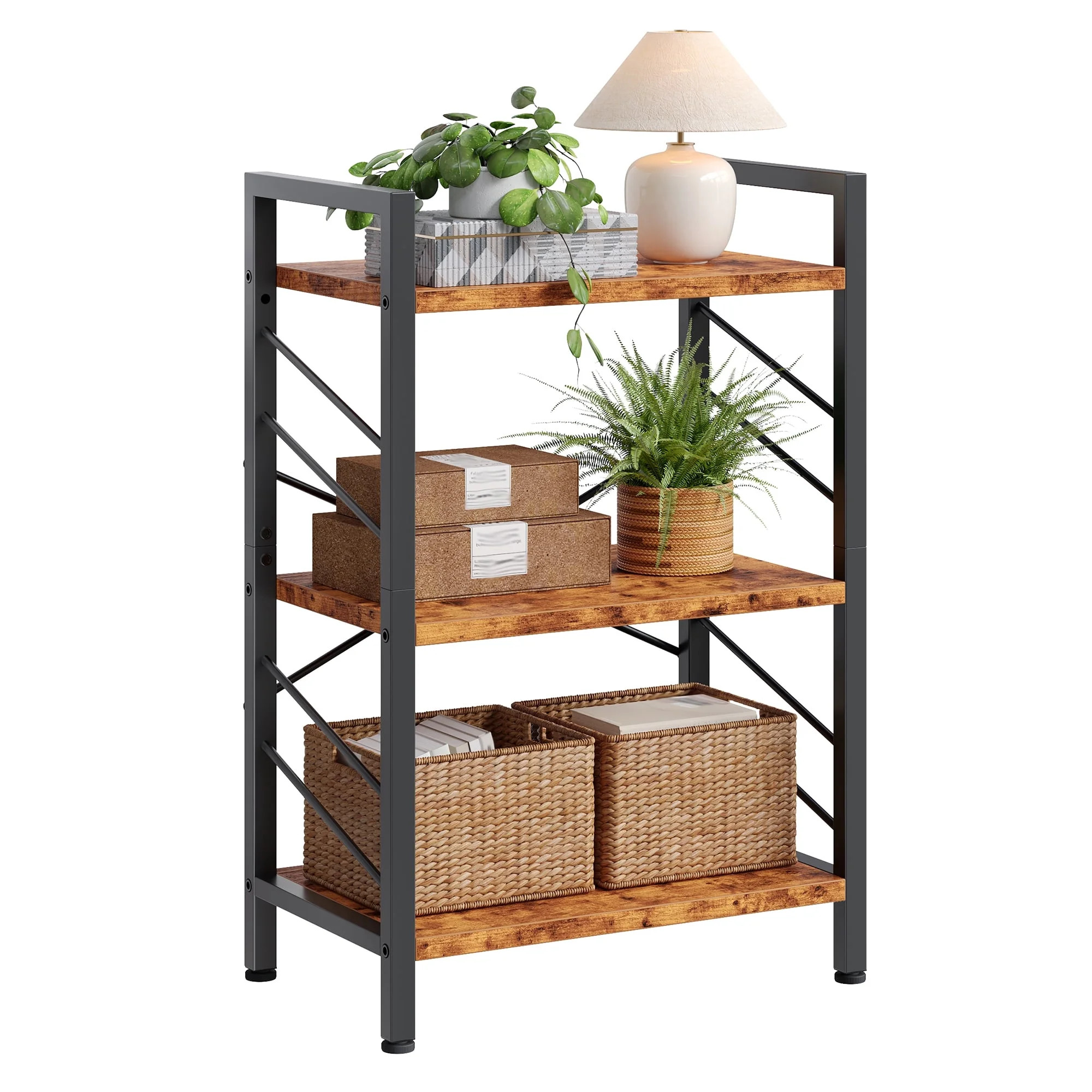 EnHomee 3-Tier Industrial Bookcase with Metal Frame & Side Support, Rustic Brown Compact Bookshel... | Walmart (US)